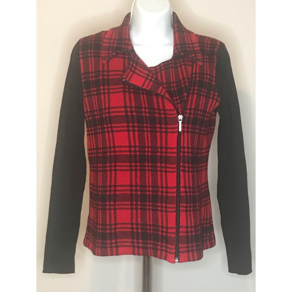 CHAPS PETITE MEDIUM RED PLAID FLEECE ZIP-UP JACKET